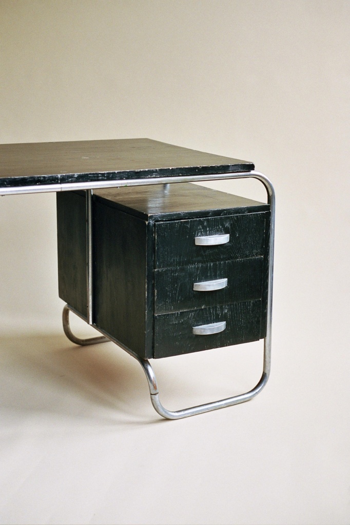 oak and tubular steel desk