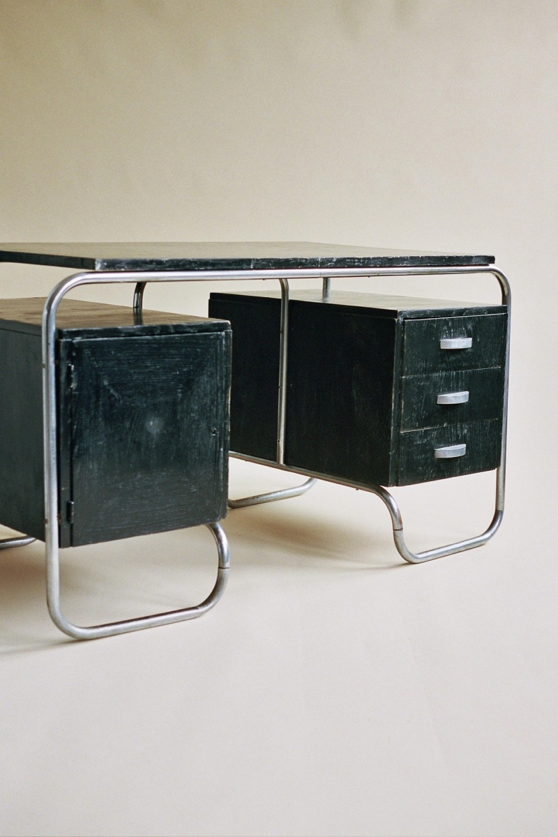 Black oak and tubular steel desk, 1930s