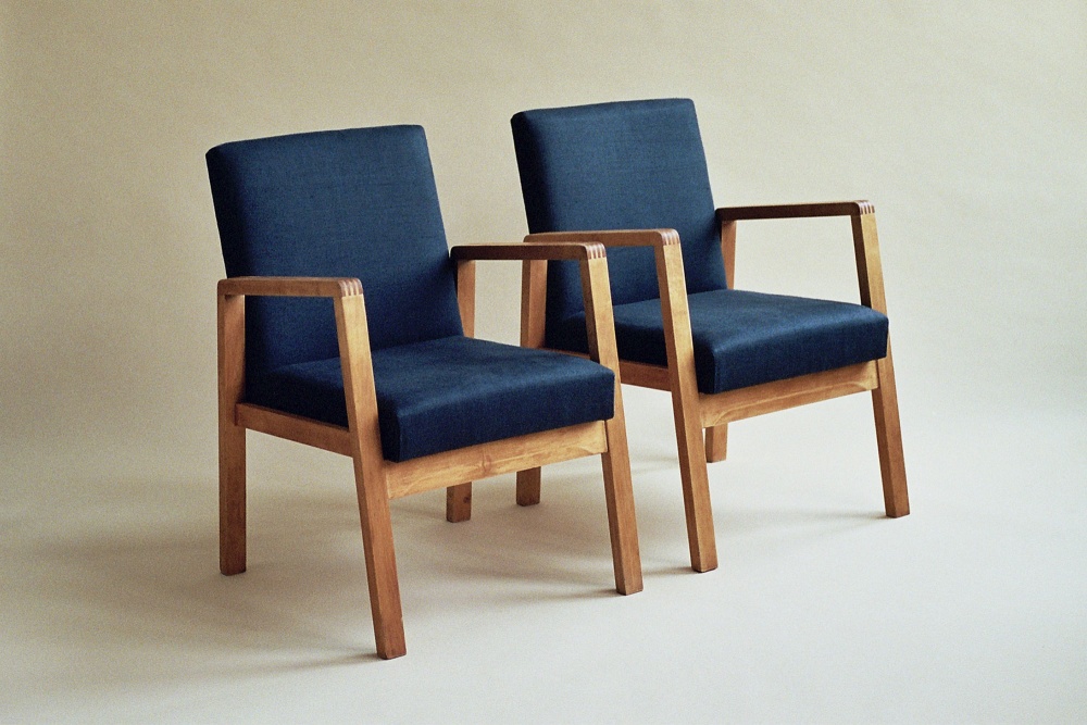 2x Upholstered hallway chair 51, Alvar Aalto, blue linen